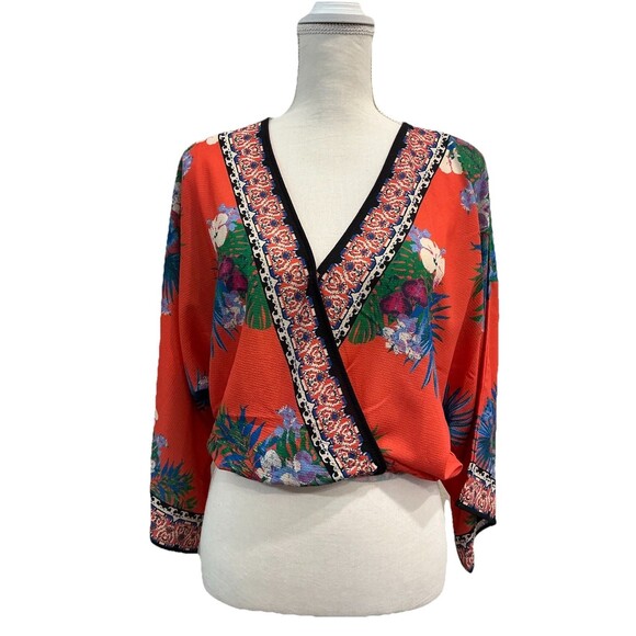 Nwt Flying Tomato  Top Blouse Size S Short Waist Wrap Tropical Orange Floral - Picture 1 of 6